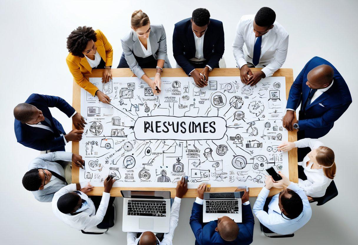 A diverse group of individuals in professional attire, brainstorming and collaborating around a large table filled with career tools like resumes, laptops, and career maps. A glowing key symbolizing 'unlocking' the future is prominently displayed. Inspirational quotes about career growth are subtly integrated into the background. The setting is bright and modern, suggesting a forward-thinking environment. super-realistic. vibrant colors. white background.