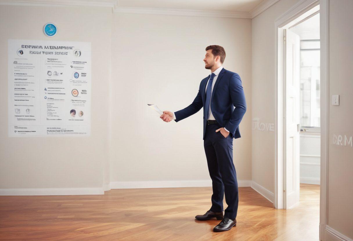 A confident professional holding a polished resume in one hand and stepping towards a bright doorway symbolizing opportunity, with interview-related icons like a clock, question mark, and handshake surrounding them. The background features a sleek office environment with inspirational quotes subtly highlighted. vibrant colors. super-realistic. uplifting atmosphere.